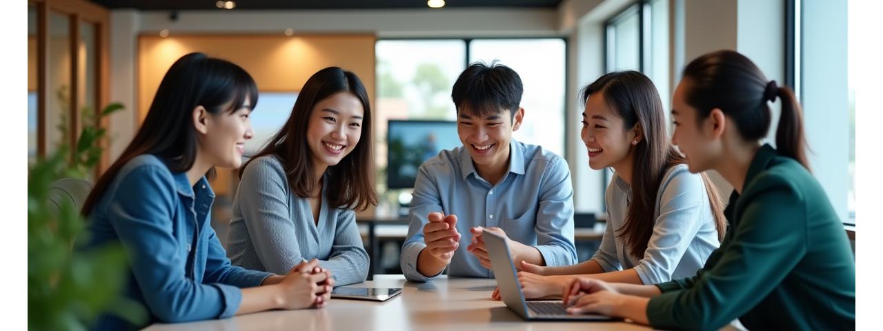 밝고 현대적인 사무실에서 여러 인종의 젊은 전문가들이 노트북을 보며 웃으며 대화하는 모습