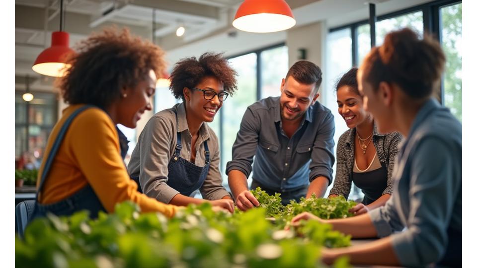 다양한 사람들이 함께 협력하며 사회적 가치를 창출하는 다채로운 장면