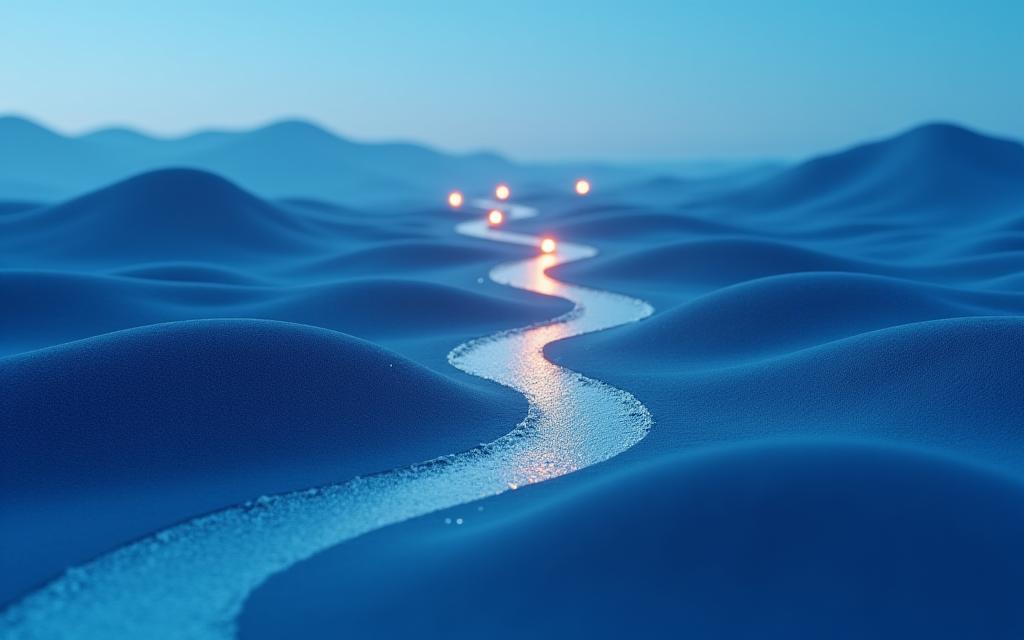 미래 시나리오를 가정한 여러 개의 갈림길이 있는 복잡한 도로 지형을 보여주는 시각화