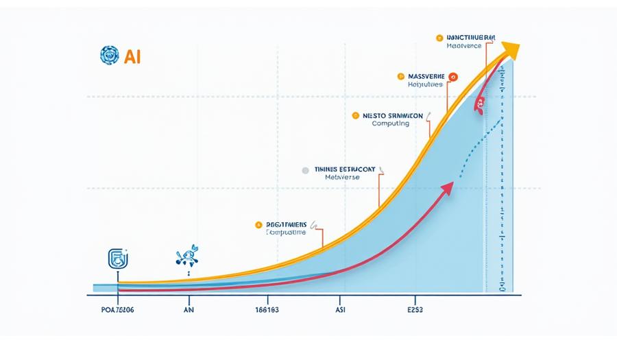 성숙도 곡선 형태의 그래프에 AI, 블록체인, 메타버스, 양자컴퓨팅 등 신기술의 현재 위치와 미래 예측 라벨이 표시된 시각화