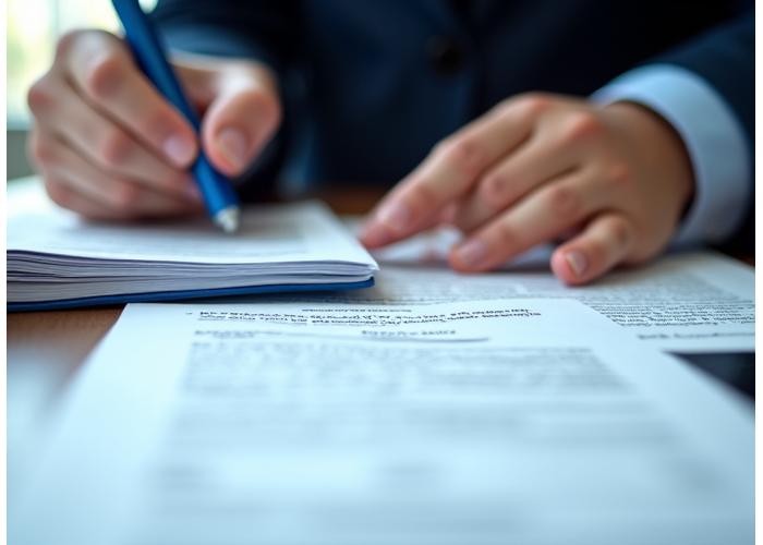 법률 문서와 규제 서류를 검토하는 변호사의 손