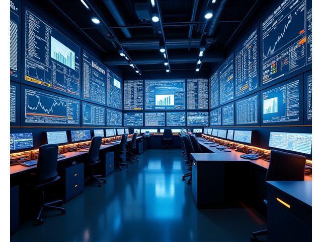 반짝이는 데이터 시각화와 금융 차트를 배경으로 하는 금융 전문가들의 회의 이미지