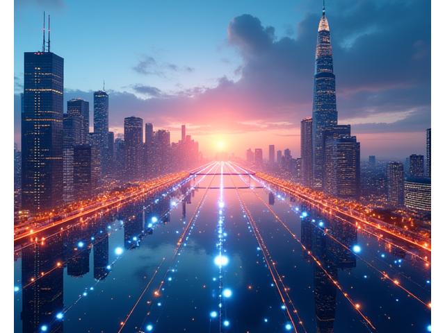 미래지향적인 도시 풍경과 연결된 글로벌 네트워크를 보여주는 기술 관련 이미지