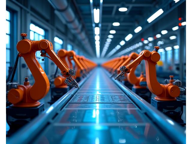 스마트 팩토리 내부의 로봇 팔과 생산 라인, 제조업 데이터 차트를 배경으로 하는 이미지