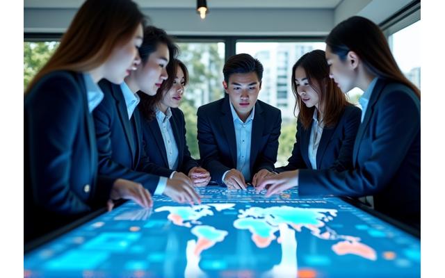 한국 시장 진입 분석을 위한 전문가들이 노트북 앞에 모여 토론하는 모습