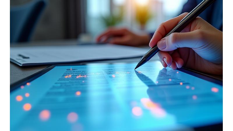 펜으로 문서를 수정하는 손의 클로즈업 이미지