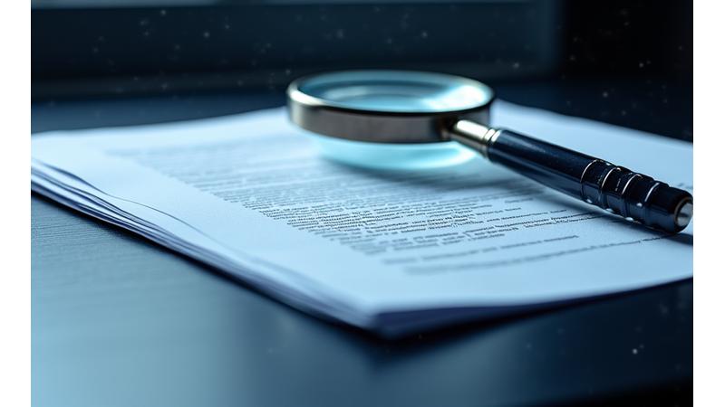 법률 문서가 쌓여 있는 책상과 돋보기 이미지