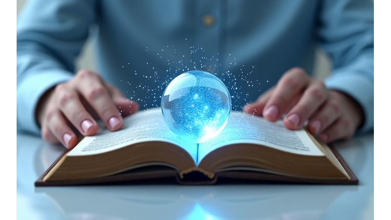 법전을 펼치고 있는 손과 그 위로 데이터가 흐르는 추상적인 이미지