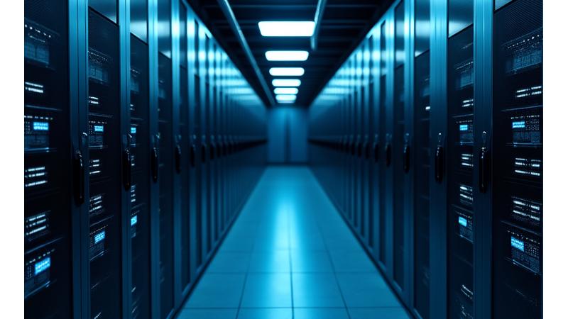 네트워크 연결과 서버 랙이 보이는 데이터 센터 이미지