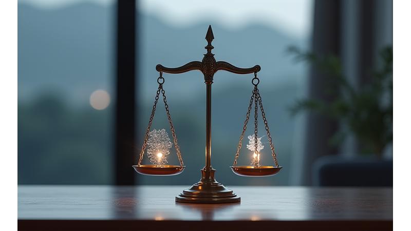 권리와 의무를 상징하는 저울과 법전 이미지